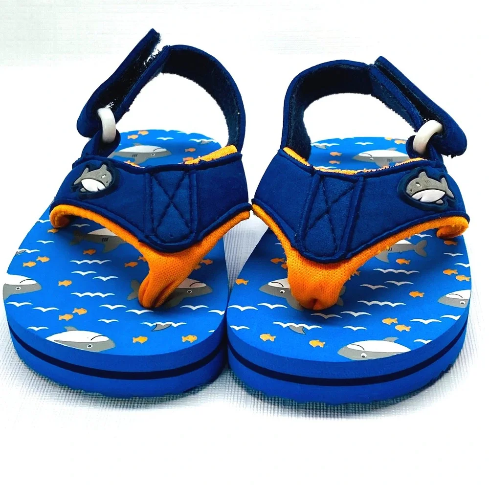 Kids Shark‎ Flip Flop Sandals Toddler Size 3 Blue Orange Hook and Loop